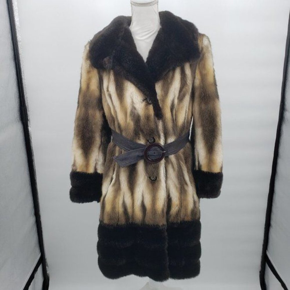 OTTA FIR Vintage Faux Fur Coat 50's 60's Retro Textured Belted Small EUC - Picture 2 of 15
